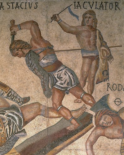 Mozaika s výjevem bojujících gladiátorů, detail gladiátora oděného do brnění od Roman Roman