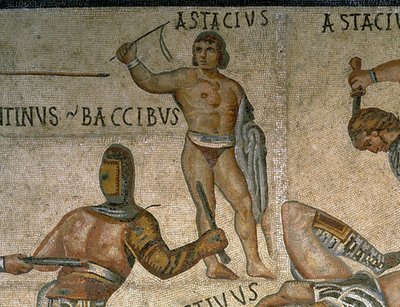 Mozaika s výjevem bojujících gladiátorů, detail gladiátora oděného do brnění od Roman Roman