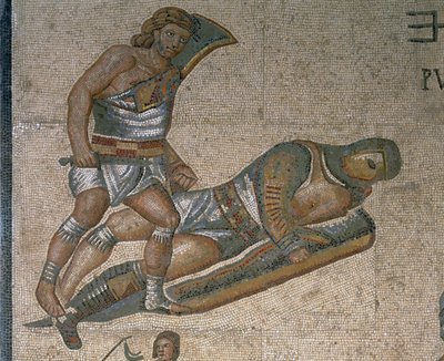 Mozaika s výjevem bojujících gladiátorů, detail gladiátora oděného do brnění od Roman Roman