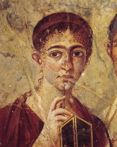 Portrét pekaře Terentia Nea a jeho manželky ve společenských šatech, detail manželky s otevřeným stylusem a diptychem z Itálie, Kampánie, Pompeje, 55-79 n. l., malba na sádře od Roman Roman