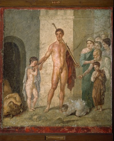 Představení Thesee, hrdinů řecké mytologie, osvobozující sedm mladých mužů z bludiště po triumfu minotaura. Freska z Villa de Gavius Rufus v Pompejích. Ztlumit. 88x97 cm Archeologické muzeum Neapol - římské umění: reprezentace o od Roman Roman