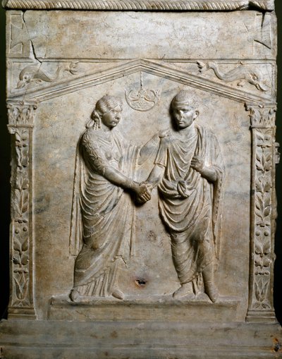 Římské umění: pohřební oltář zdobí scénu svatby (Junctio dextrarum). Nízká úleva. Řím, Museo Nazionale Romano od Roman Roman