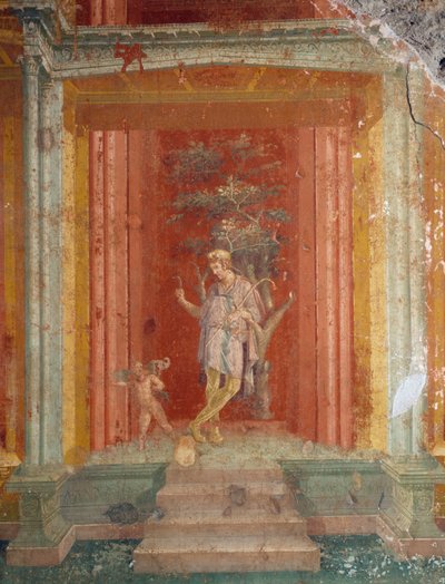 Divadelní scéna, freska (ve stylu IV) na červeném pozadí z domu Pinarius Cerialis, Pompeje (Seznam světového dědictví UNESCO od Roman Roman