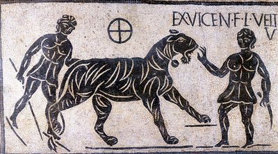 Krotitelé tygrů ve zdech Kolosea - Římská mozaika od Roman Roman
