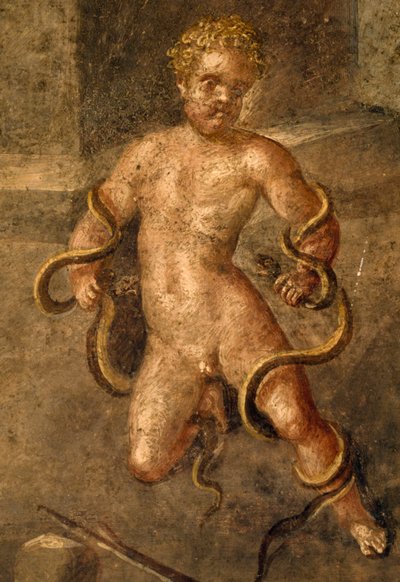 Mladý Herakles škrtící hady, detail fresky z oecus v House of Vettii, Pompeje (Seznam světového dědictví UNESCO od Roman Roman