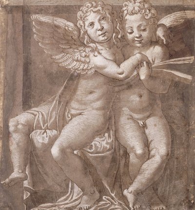 Dva sedící andělé zpívající, podle Polidoro da Caravaggio (pero a hnědý inkoust hnědá barva s bílou na šedomodrém papíře) od Roman School