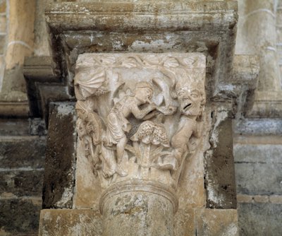 Hudebník a démon symbolizující chlípnost (vyřezávaný kapitál) od Romanesque