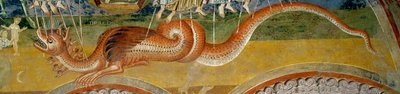 Reprezentace Apokalypsy. Detail zobrazující monstrum se sedmi hlavami, probodnuté šípy andělů od Romanesque