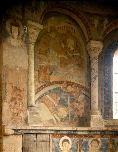 Románské umění: Obraz zobrazující mučedníka Saint Laurenta (1103-1130). Freska. Kaple Chateau des Moines, Berze la Ville (Berze-la-Ville v Saone a Loiře, Burgundsko), Francie. od Romanesque