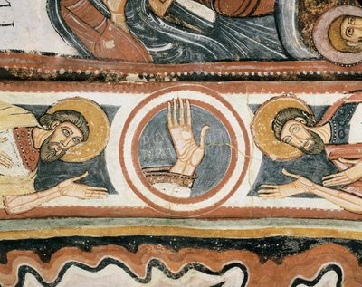 Románské umění: "" Pravá ruka Boží a patriarchové Eliáš a Henoch (nebo Enoch). Detail. Freska školy Leon (Španělsko). 1132. Svatyně Panny Marie Panny del Camin od Romanesque