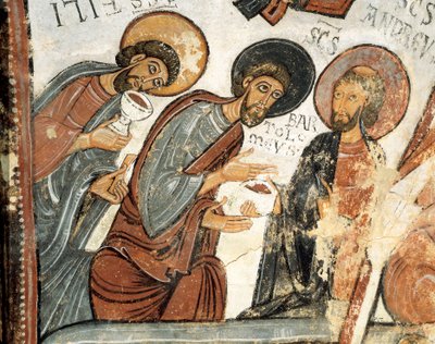 Románské umění: "" apoštolové Filip, Barthelemy a Andre "" Freska Hlasování Cene, kostel sv. Isidora 12. století Skutečná Colegiata ze San Isidoro, Leon od Romanesque