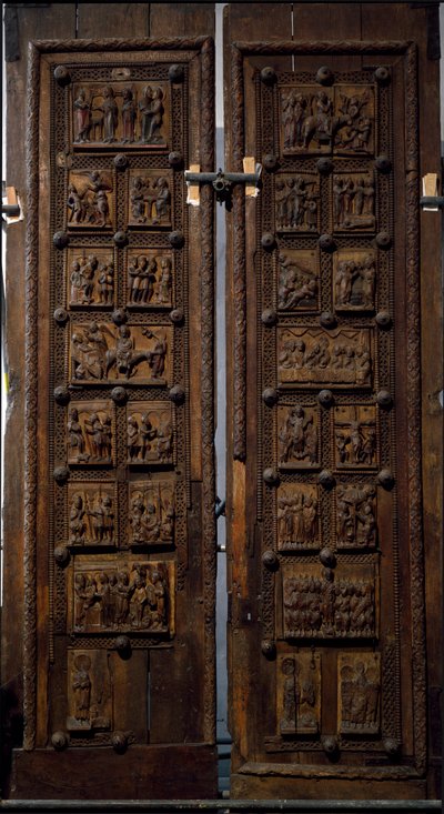 Románské umění: dřevěné dveře z poloviny 12. století kostela sv. Marie Kapitolské v Kolíně nad Rýnem, Německo (Sankt Maria im Kapitol, Kolín) od Romanesque
