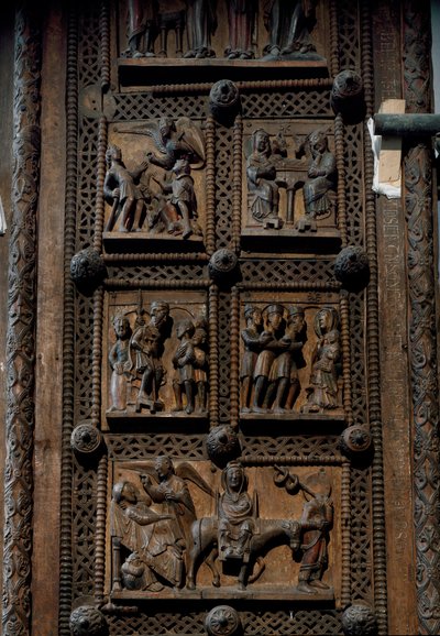 Románské umění: dřevěné dveře z poloviny 12. století kostela sv. Marie Kapitolské v Kolíně nad Rýnem, Německo (Sankt Maria im Kapitol, Kolín). Scény znázorňující zvěstování pastýřům, narození Páně, klanění mágů a pod. od Romanesque