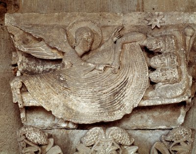 Mágové spí s andělem, který je probouzí a ukazuje na betlémskou hvězdu (vyřezávané hlavní město) od Romanesque