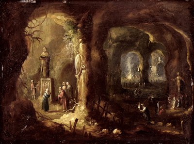 Grotta se sochami a četnými postavami uctívajícími modly (sv. Simeon Stylites), kolem roku 1640 (olej na mědi) od Rombout van Troyen