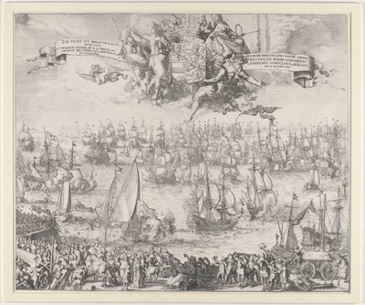 Cesta Viléma III do Anglie, 1688 Sea Tour od Hellevoet Sluys od S.K.H. Wilhem Henrik od G. Ga. Princ z Orangeie Erfstadh. víčko. a Adm. Gen. van Spojené státy / Za obnovu ústav a pravého náboženství v Engelant Sch od Romeyn de Hooghe (attributed to workshop of)
