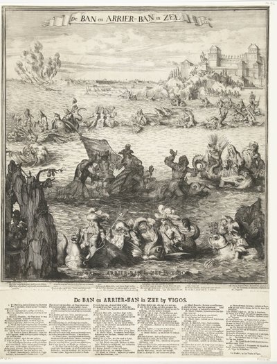 Karikatura dobytí stříbrné flotily ve Vigu, 1702 Ban a Arrier-Ban in the Sea (název na objektu) Zákaz a zákaz přepravců v moři ve Vigos (název na objektu) od Romeyn de Hooghe (possibly)