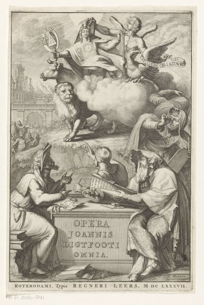 Alegorická postava s židovským mužem Titulní strana pro: John Lightfoot, Opera Joannis Ligtfooti omnia, 1686 od Romeyn de Hooghe