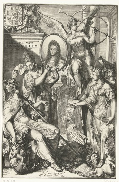 Alegorický frontispis s portrétem Viléma III Příjezd krále Viléma do Holandska (titul na předmětu) od Romeyn de Hooghe