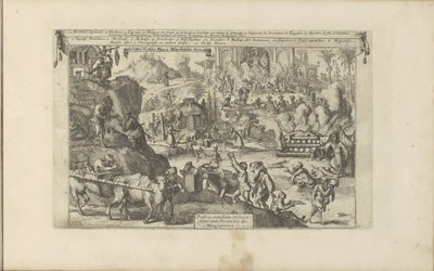 Bedelaars v Oosten West-Indië Bedel en Slacht-Papen Afgoden der Mexicanen / Mendiánští kněží a oběti do Divinitea Mexičanů (název na předmětu) Východní a Západní Indie a další místa (název série) od Romeyn de Hooghe