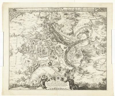 Bombardování van Luxemburg door de maarschalk de Créquy, 1684 Lucembursko, olovo. příjmení metropole chimacens princ stren def. reg. Ale paže Galie ho obsadily. 4. června Ao. 8834 (název na objektu) od Romeyn de Hooghe