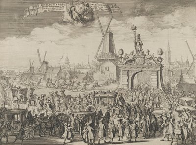 Vstup Williama III do Haagu Inhaling van S.K. Maj. aende Westeynder brug dveře ..., 1691. od Romeyn de Hooghe