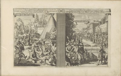Lékaři v Arcladě; Jezuita oholen mýtným v Golkondě Guerisons infames des Arclades / Rude Healings // Roi de Golconde, Douane atd. / Tolrecht, en Cases (název na předmětu) Les Indes Orientales et Occidentales et autres od Romeyn de Hooghe