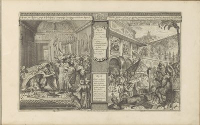 Historie státního úředníka v Persii; Čas s Mexičany Perské dějiny / Histoire de Perse // Veder Schilder Konst / Art de peindre chés les Mexiquains (název na objektu) Les Indes Orientales et Occidentales et autres lieux (název série) od Romeyn de Hooghe