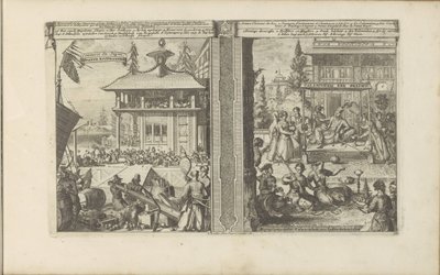 japonský koophandel; Hof van de koning van de Calaminhans Japonský koophandel / Obchod Japonska // Calaminhans Eer Pracht / Velkolepost krále Calaminhana, ve Východní Indii (název na předmětu) Východní a Západní Indie a další místa (série od Romeyn de Hooghe