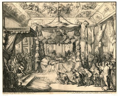 Královna Marie II Stuartovna na smrtelné posteli, 1695 Smrt a pohřeb Marie II Stuartovny, anglické královny, 1695 (název série) od Romeyn de Hooghe