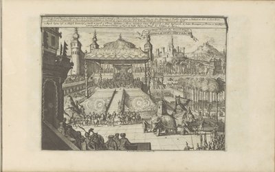 Koninklijk hof v Mongolsku Mongols Hof en Hofpracht / Dvorní a královská pumpa Velkého Mogula (název na objektu) Východní a Západní Indie a další místa (název série) od Romeyn de Hooghe