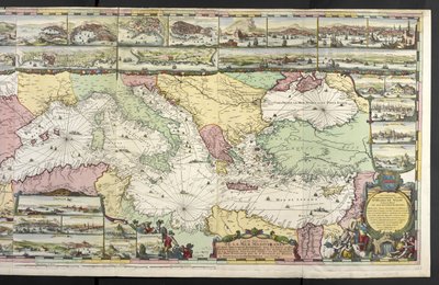 Mapa Středozemního moře s alegorickými postavami a mořskými příšerami, které zdobí vložky, z „Francouzského Neptuna a Atlas Maritime a Suite du Neptune François“ od Charlese Pene a Pietera Mortiera od Romeyn de Hooghe
