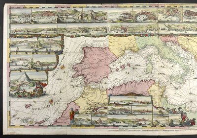 Mapa Středozemního moře s alegorickými postavami a mořskými příšerami, které zdobí vložky, z „Francouzského Neptuna a Atlas Maritime a Suite du Neptune François“ od Charlese Pene a Pietera Mortiera od Romeyn de Hooghe
