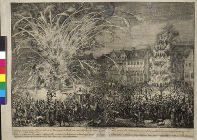 Noční ohňostroj na ulici Sablons v Bruselu 1686 (lept) od Romeyn de Hooghe