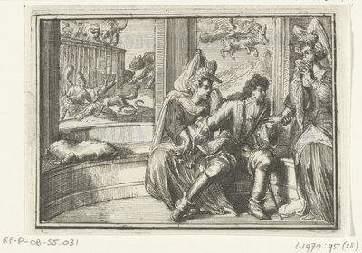 Titulní strana brožury: The Bump in the Guard, na Haasejagtu, 1702 The Bump in the Guard, na Haasejagtu (název na objektu) Esopus v Evropě (název série) od Romeyn de Hooghe