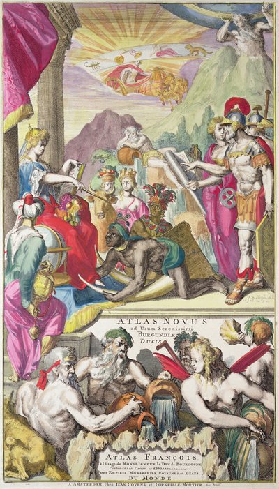 Titulní strana „Atlasu Serenity vévody z Burgundska“ zobrazující Evropu přijímající hold od národů Asie, Afriky a Ameriky, kolem roku 1730 od Romeyn de Hooghe