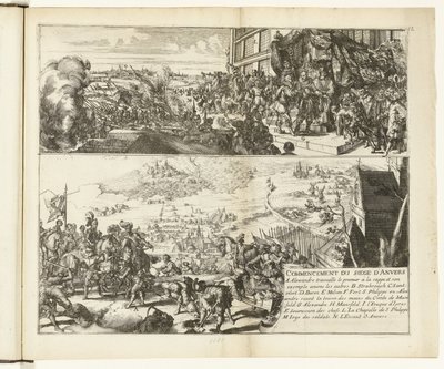 Dvě vyobrazení obléhání Antverp vévodou z Parmy, 1584-1585 Commencement du siege d