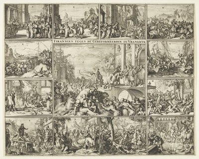 Pronásledování protestantů ve Francii po odvolání ediktu z Nantes, 1685-1686 Tyran proti reformovaným ve Vrankrijku (název na objekt) od Romeyn de Hooghe