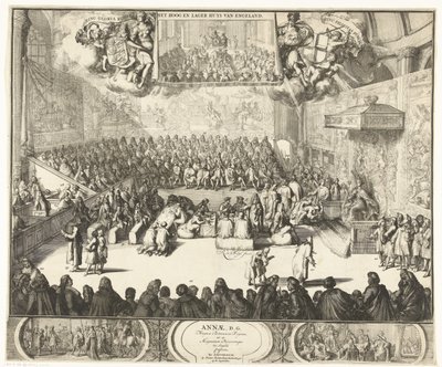 Zitting van het Lagerhuis se setkal s koningin Annou op de troon, 1702 Anne, D.G. Královna Velké Británie, stejně jako velcí princové Anglie se přiznali (titul na předmětu) od Romeyn de Hooghe