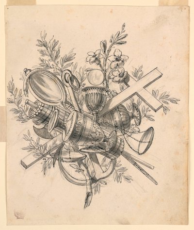Kresba, trofej se symboly ctností, 1830-1850 od Romolo Achille Liverani