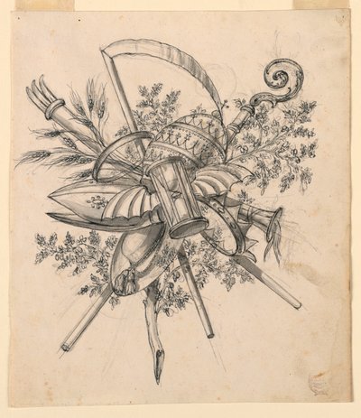 Kresba, trofej s okřídlenými přesýpacími hodinami, 1830-1850 od Romolo Achille Liverani