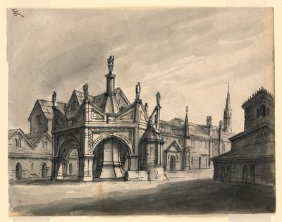 Scénografie, exteriér gotických budov od Romolo Achille Liverani