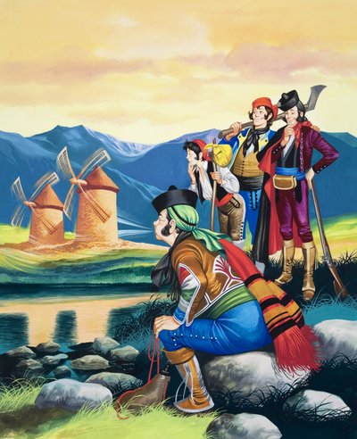 Foukání plachet větrného mlýna, ilustrace z knihy "Michael a mocní muži" (kvaš na papíře) od Ron Embleton
