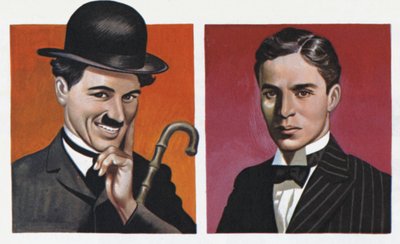 Charlie Chaplin v kostýmu a ve skutečnosti (barevná litografie) od Ron Embleton