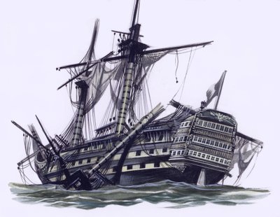 Loď HMS Victory po bitvě u Trafalgaru, s odstřeleným horním stěžněm (kvaš na papíře) od Ron Embleton