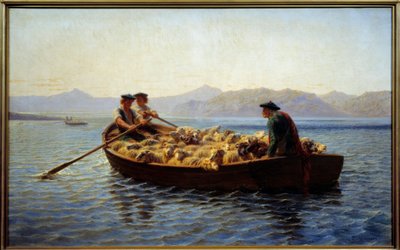 Změna pastvy. Pastýři nastoupili do stáda ovcí, aby je odvedli na druhý břeh. Obraz od Rosy Bonheur (1822-1899) od Rosa Bonheur
