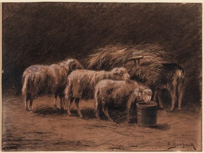 Pár ovcí a beran ve stáji od Rosa Bonheur