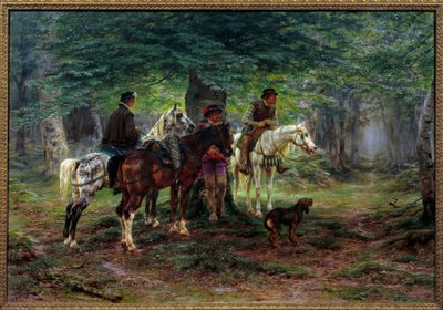 Jezdci překvapeni deštěm (17. století). V lese se muži na koních ukrývají pod stromem a čekají, až přestane pršet. Obraz od Rosy Bonheur (1822-1899) od Rosa Bonheur