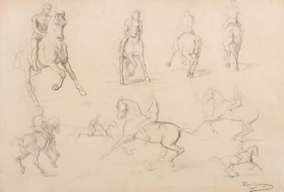 Studie koně a jezdce (grafit na bílém tkaném papíře) od Rosa Bonheur