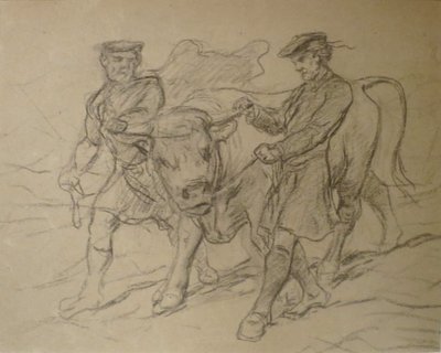 Dva muži s býkem, Rosa Bonheurová, černá křída, Columbus Museum of Art od Rosa Bonheur